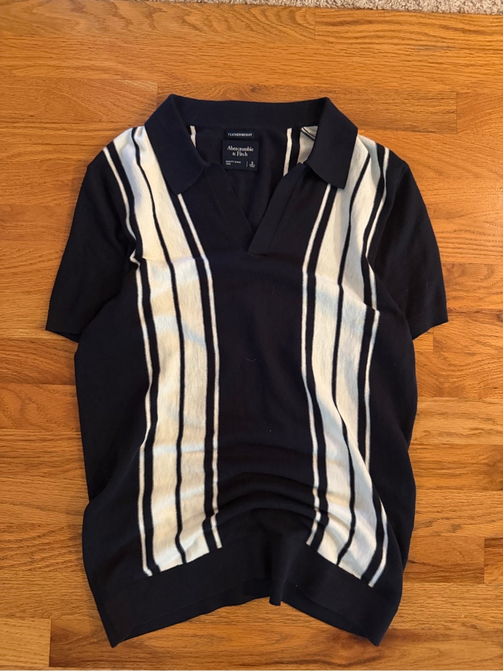 Abercrombie & Fitch Navy Polo with White Vertical Stripes